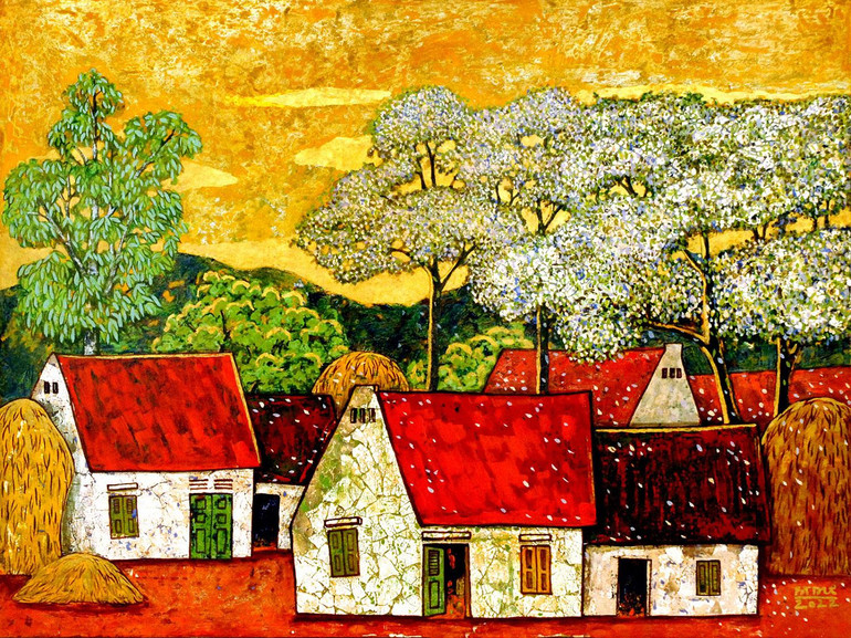 Hoa xoan – Tác giả Bùi Trọng Dư, chất liệu sơn mài.