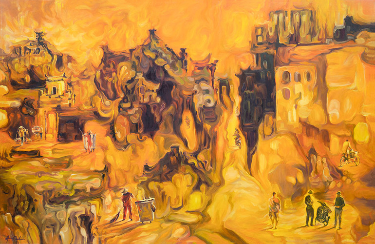 Bình minh trên phố. Tranh của họa sĩ Hoàng Định.