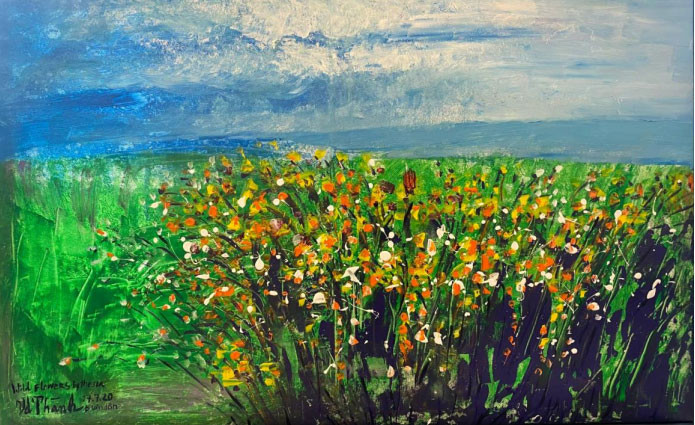 Cánh đồng hoa lily bên bãi biển xanh.Tranh sơn dầu trên vải.