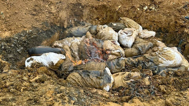 Cơ quan chức năng tỉnh Lai Châu tổ chức tiêu hủy gần hai tấn chân gà bốc mùi hôi, thối. Cơ quan chức năng tỉnh Lai Châu tổ chức tiêu hủy gần hai tấn chân gà bốc mùi hôi, thối.