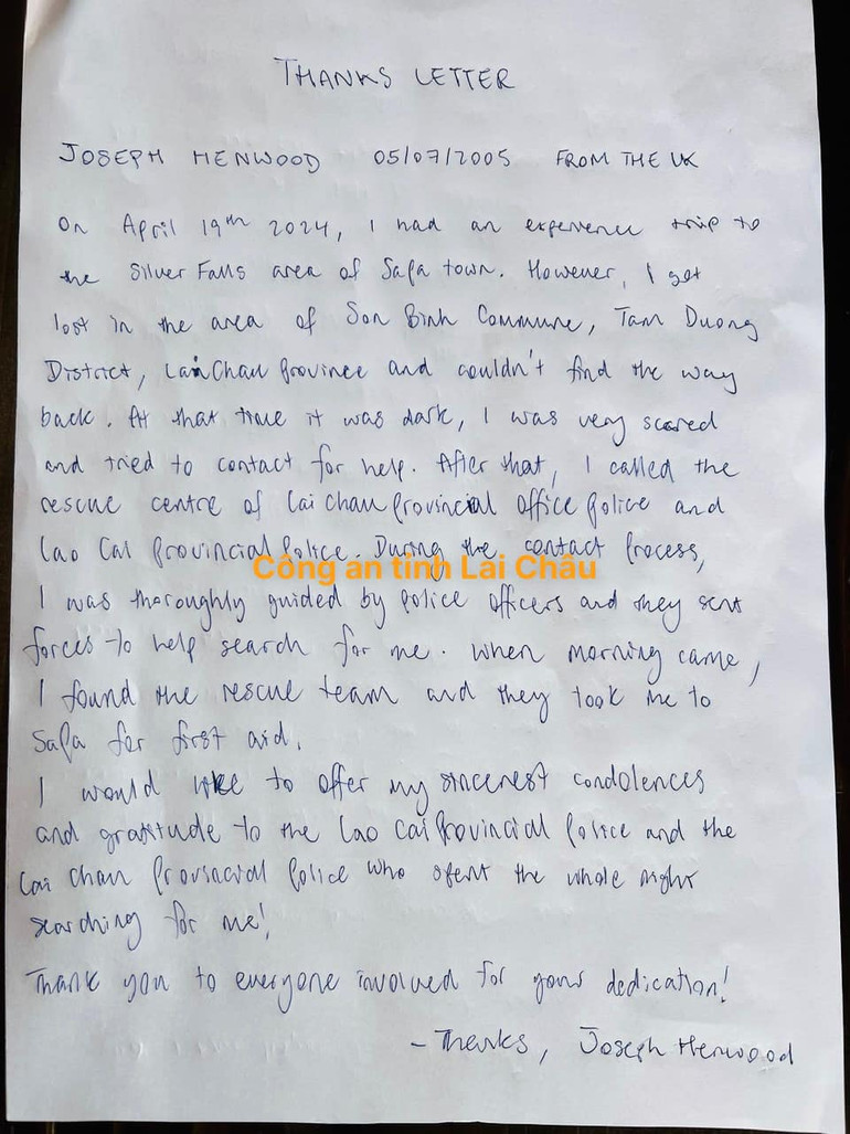 Bức thư tay do du khách Thomas viết để cảm ơn lực lượng cứu hộ.