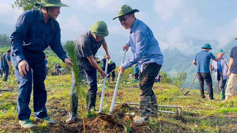 Lãnh đạo tỉnh Yên Bái và huyện Trấn Yên tham gia trồng cây. (Ảnh: THANH SƠN)