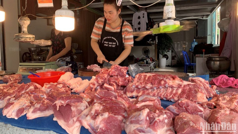 Chị Vũ Thị Hương, một tiểu thương ở khu vực Thanh Oai, Hà Nội khá bất ngờ khi giá lợn hơi tăng.
