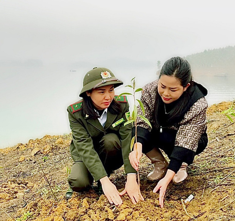 Cán bộ kiểm lâm huyện Yên Bình tham gia trồng cây.