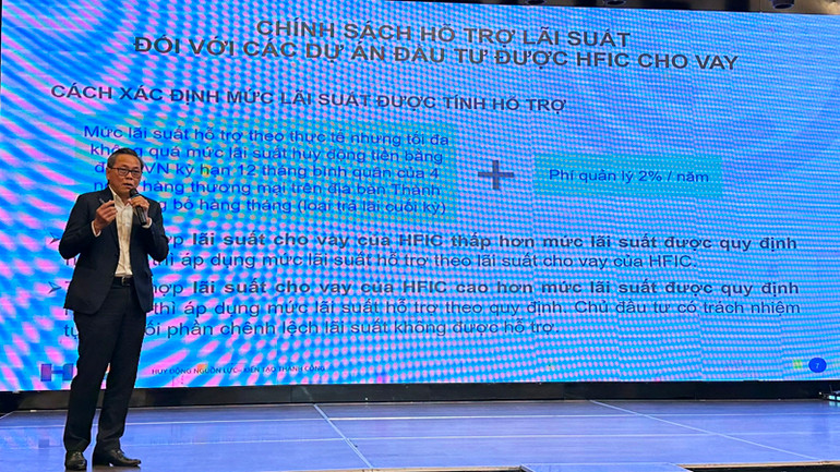 Phó Tổng Giám đốc HFIC Nguyễn Quang Thanh giới thiệu chính sách hỗ trợ lãi suất.