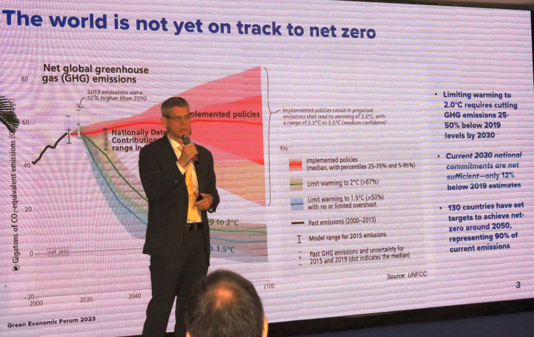 Giaó sư-Tiến sĩ Jonathan Pincus, chuyên gia kinh tế cao cấp của Chương trình Phát triển Liên hiệp quốc (UNDP) trình bày tham luận tại Diễn đàn