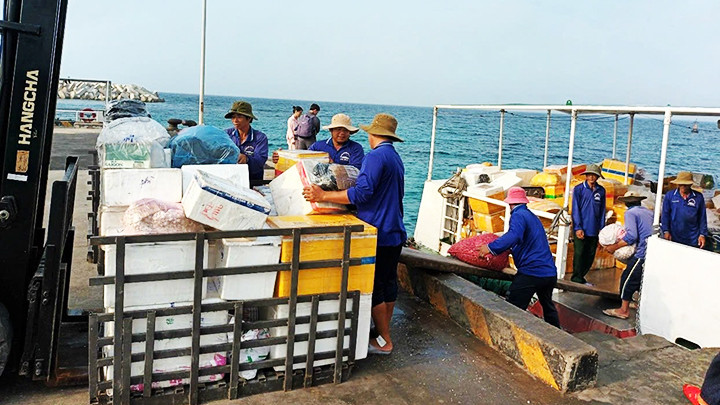 Đóng thùng thủy sản để chở vào đất liền. Đóng thùng thủy sản để chở vào đất liền.