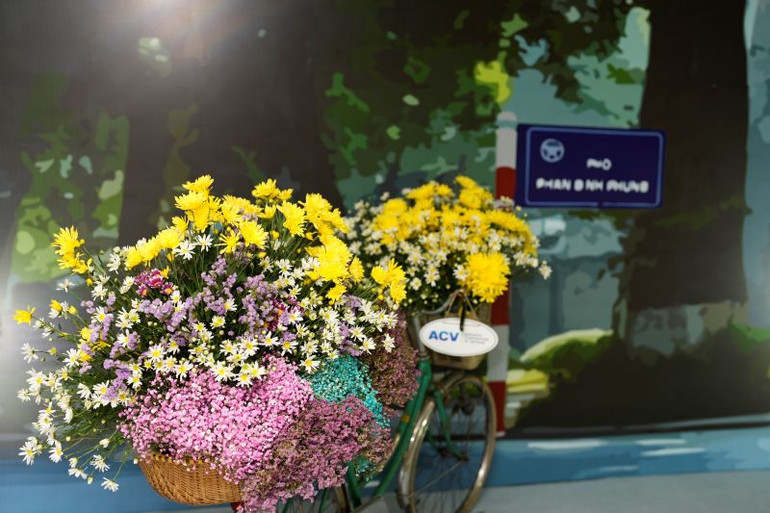 Chiếc xe đạp hoa tươi sáng và rực rỡ.