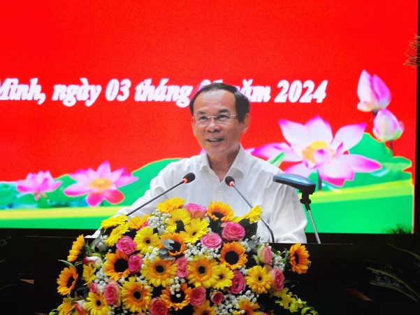 Bí thư Thành ủy Thành phố Hồ Chí Minh Nguyễn Văn Nên phát biểu tại hội nghị. (Ảnh: ĐỨC NAM)