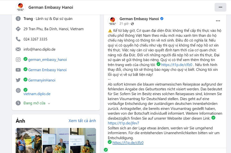Thông báo trên tài khoản Facebook của Đại sứ quán Đức tại Hà Nội (Ảnh chụp màn hình)