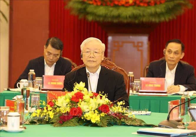 Tổng Bí thư Nguyễn Phú Trọng phát biểu tại cuộc gặp. (Ảnh: TTXVN)