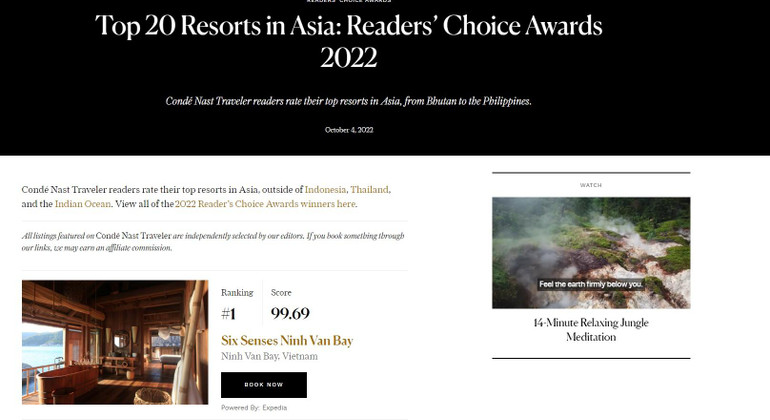 Six Senses Ninh Van Bay đứng đầu danh sách 20 khu nghỉ dưỡng tốt nhất châu Á (Ảnh chụp màn hình)