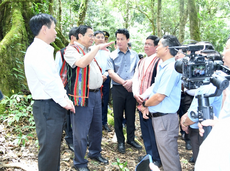 Thủ tướng Phạm Minh Chính trao đổi về các giải pháp phát triển sâm Ngọc Linh bền vững và nâng cao đời sống bà con nhân dân địa phương.