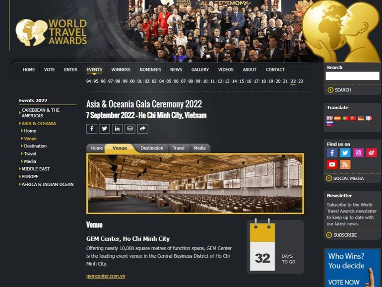 Thông báo trên trang chủ của World Travel Awards (Ảnh chụp màn hình)