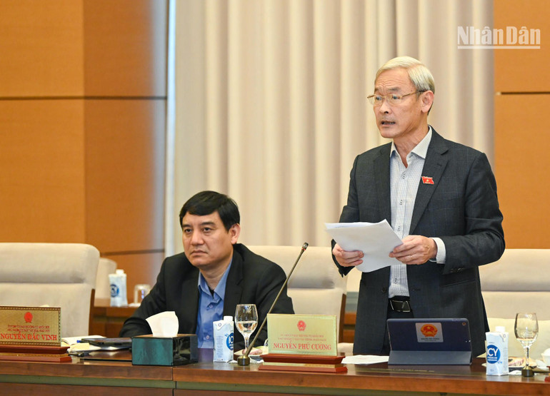Chủ nhiệm Ủy ban Tài chính, Ngân sách Nguyễn Phú Cường trình bày báo cáo thẩm tra. (Ảnh: Duy Linh)