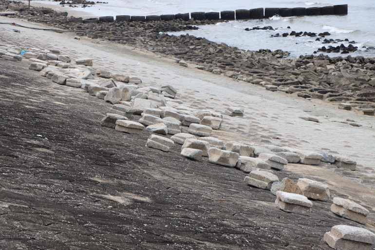 Người dân xã Cẩm Nhượng gia cố thân kè sau khi bị cơn bão số 10 năm 2020 cuốn trôi các cấu kiện bê-tông ở mái kè