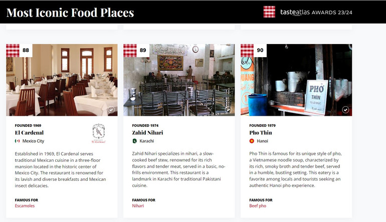 Phở Thìn trong danh sách Những điểm đến ẩm thực mang tính biểu tượng. (Ảnh chụp màn hình)