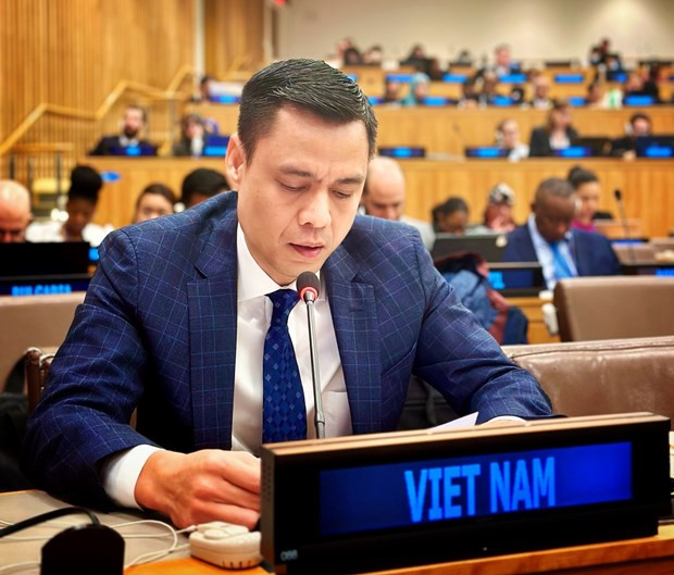 Đại sứ Đặng Hoàng Giang, Trưởng Phái đoàn Thường trực Việt Nam tại Liên hợp quốc, thay mặt ASEAN có bài phát biểu. (Ảnh: TTXVN)