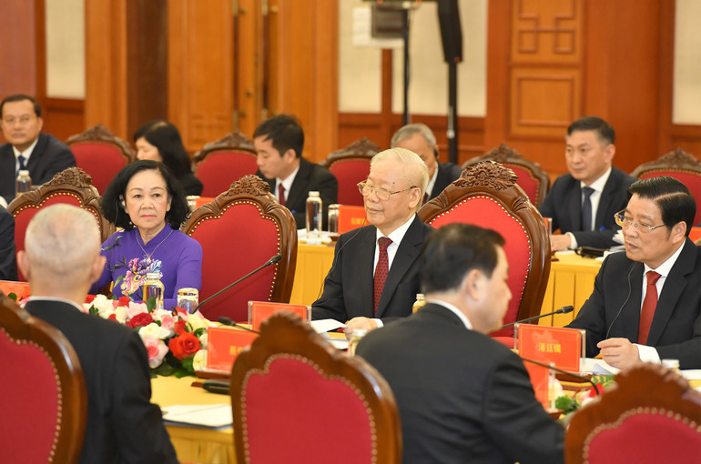 Tổng Bí thư Nguyễn Phú Trọng phát biểu tại cuộc hội đàm với Tổng Bí thư, Chủ tịch Trung Quốc Tập Cận Bình. (Ảnh: ĐĂNG KHOA)