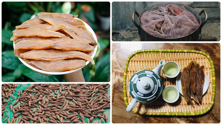 Dù phơi nắng phơi sương bao lần nữa thì khoai vẫn giữ được nguyên một hương vị thơm dịu với cái ngọt bùi nguyên vẹn. Khoai deo ngon là loại khoai khô nhưng lại dẻo như mạch nha, có sắc đỏ vàng như mật ong còn vị thì như đường phèn. (Ảnh: Vietkings)