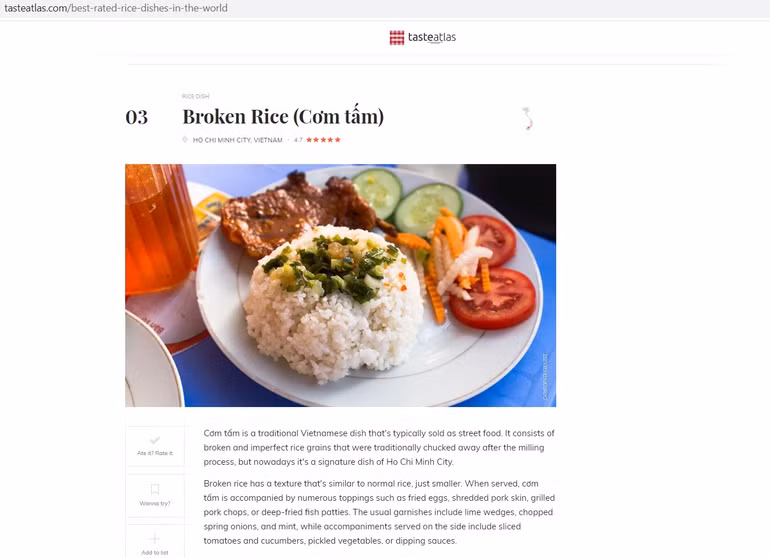 Cơm tấm là món ăn từ gạo ngon thứ 3 thế giới theo đánh giá của TasteAtlas. (Ảnh chụp màn hình)