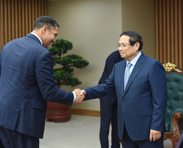 Thủ tướng Phạm Minh Chính đón các thành viên đi cùng đoàn Bộ trưởng Hợp tác phát triển quốc tế và ngoại thương Thụy Điển Benjamin Dousat.