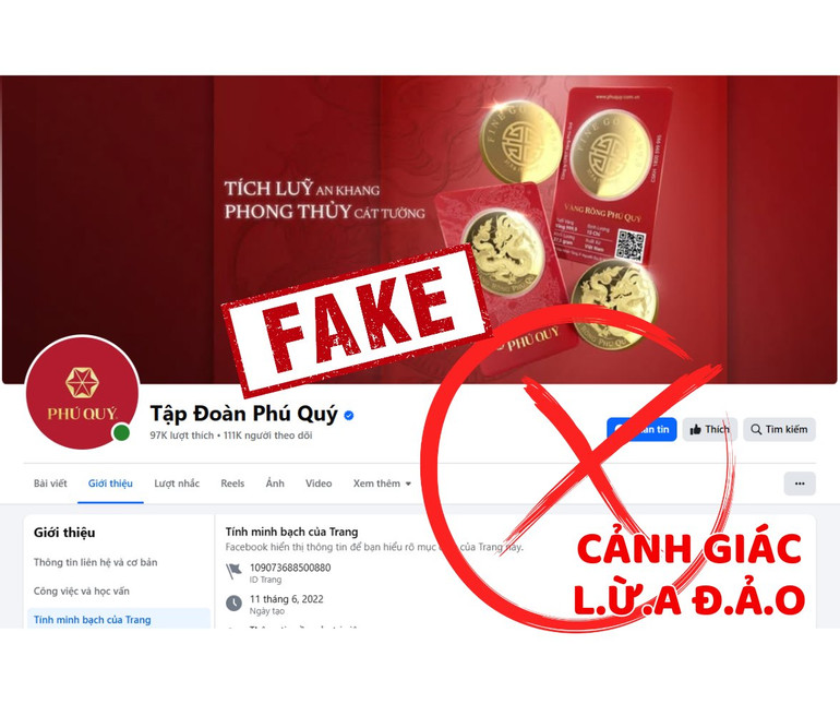 Một fanpage giả mạo thương hiệu Phú Quý để lừa đảo.