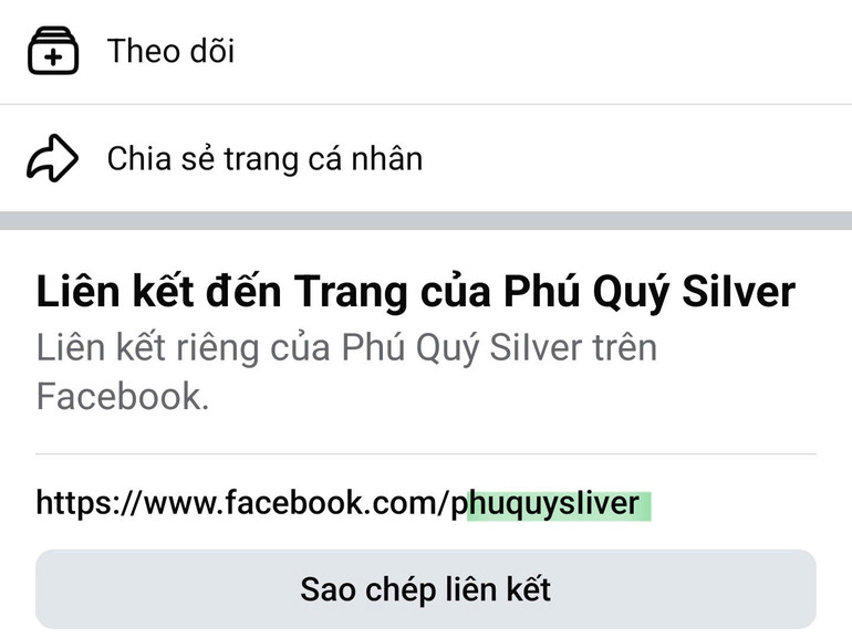 Một fanpage giả mạo tạo đường link truy cập khá giống với fanpage chính thức của Phú Quý, nhưng thay vì là phuquysilver, trang này là... phuquysliver. (Ảnh chụp màn hình)