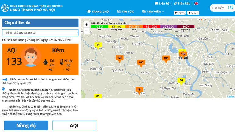 Nhiều điểm suy giảm chất lượng không khí đã xuất hiện tại Hà Nội sáng 12/1.