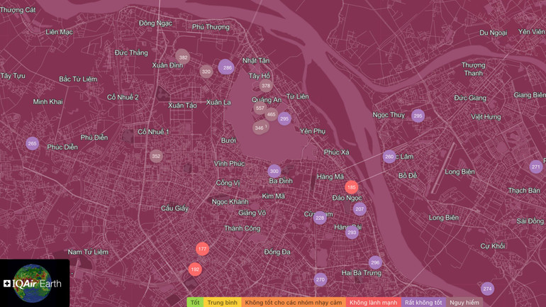 Chỉ số AQI đo được tại Quảng Khánh, Quảng An (Tây Hồ, Hà Nội) lên tới mức 557 - mức nguy hiểm cho sức khỏe con người. Chỉ số AQI đo được tại Quảng Khánh, Quảng An (Tây Hồ, Hà Nội) lên tới mức 557 - mức nguy hiểm cho sức khỏe con người.