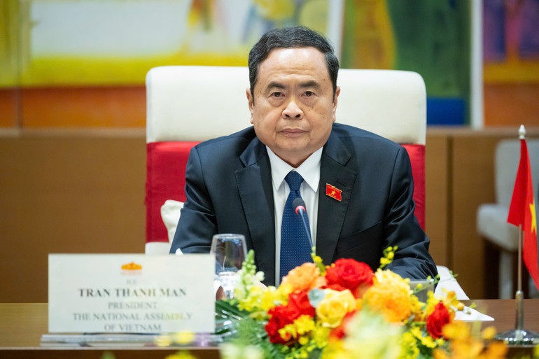 Chủ tịch Quốc hội Trần Thanh Mẫn phát biểu tại hội kiến. (Ảnh: DUY LINH)