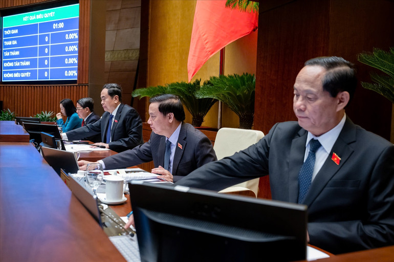 Các đại biểu bấm nút biểu quyết thông qua dự án Luật Địa chất và khoáng sản 2024. Các đại biểu bấm nút biểu quyết thông qua dự án Luật Địa chất và khoáng sản 2024.