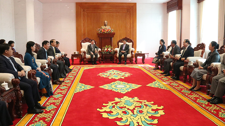 Đoàn đại biểu Quốc hội Việt Nam tiếp kiến Chủ tịch Quốc hội Lào Xaysomphone Phomvihane. Ảnh: Hải Tiến