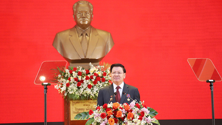 Tổng Bí thư, Chủ tịch nước Lào phát biểu tại buổi lễ. (Ảnh: Cộng tác viên)