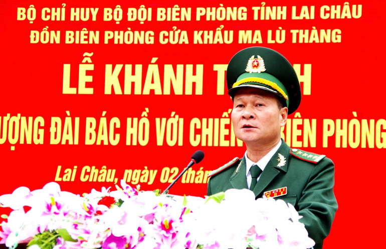 Đại tá Triệu Quốc Nguậy, Chỉ huy trưởng Bộ đội Biên phòng tỉnh Lai Châu phát biểu tại buổi lễ.