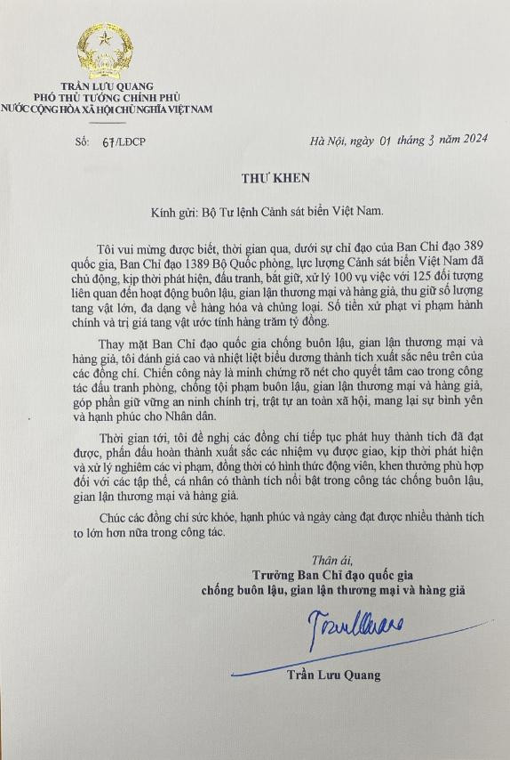 Toàn văn thư khen lực lượng Cảnh sát biển của Phó Thủ tướng Chính phủ Trần Lưu Quang.