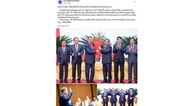Tin đồng chí Tô Lâm được bầu giữ chức Tổng Bí thư Việt Nam được đăng trên ấn phẩm điện tử Đài Phát thanh Quốc gia Lào. (Ảnh: TTXVN)