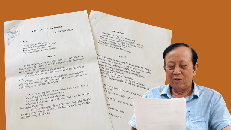 Chủ tịch Liên hiệp Hội Văn học Nghệ thuật thành phố Cần Thơ Nguyễn Thành Kiên bên bài ca cổ "Vòng Cung ngày trở lại".