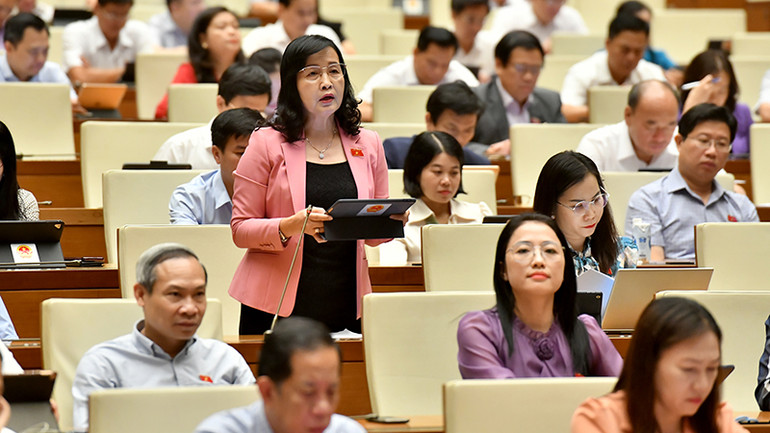 Đại biểu Quốc hội Trần Thị Thu Đông (Đoàn Bạc Liêu) phát biểu ý kiến thảo luận tại hội trường. (Ảnh ĐĂNG KHOA)
