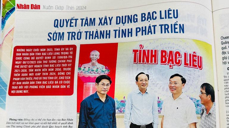 Một bài báo viết về sự nỗ lực của Đảng bộ và nhân dân tỉnh Bạc Liêu đăng trên Báo Nhân Dân, số đặc biệt Xuân Giáp Thìn 2024.
