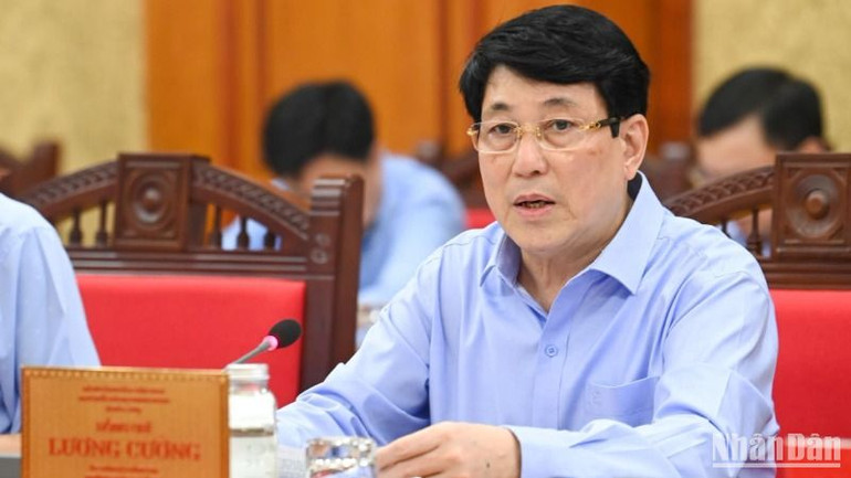 Thường trực Ban Bí thư Lương Cường phát biểu tại cuộc họp. (Ảnh: DUY LINH)