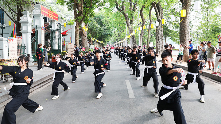 Biểu diễn võ thuật trước Khu di tích tưởng niệm vua Lê Thái Tổ.