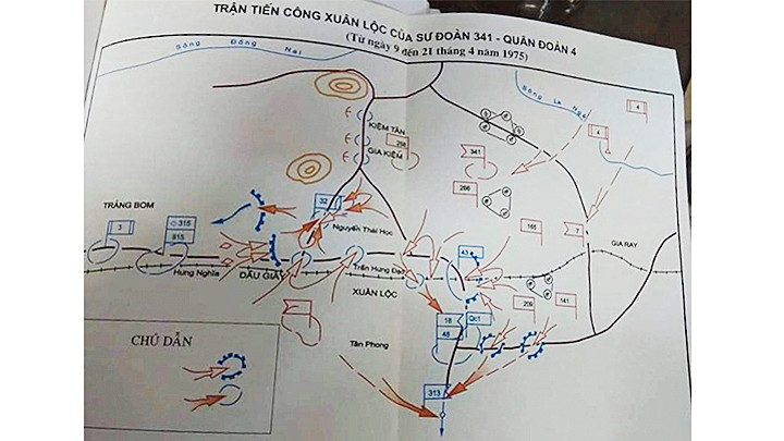 Bản đồ tác chiến cho trận đánh Xuân Lộc năm 1975.