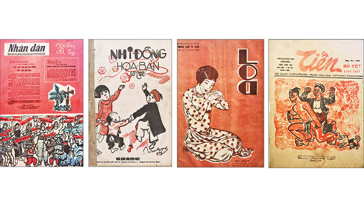 Một số bìa báo xuân được trưng bày tại Hội báo. Ảnh: QUANG HƯNG