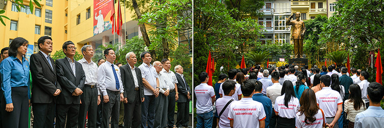Đại biểu cùng lãnh đạo nhà trường dâng hương báo công với Bác.