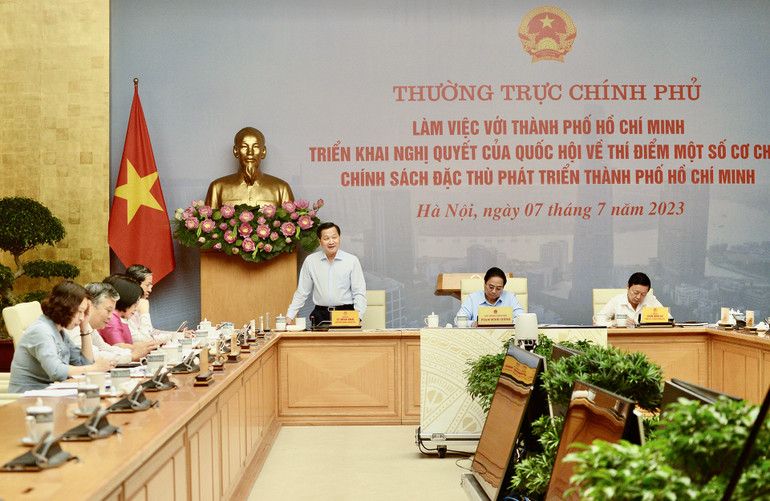 Phó Thủ tướng Lê Minh Khái phát biểu ý kiến tại cuộc làm việc.