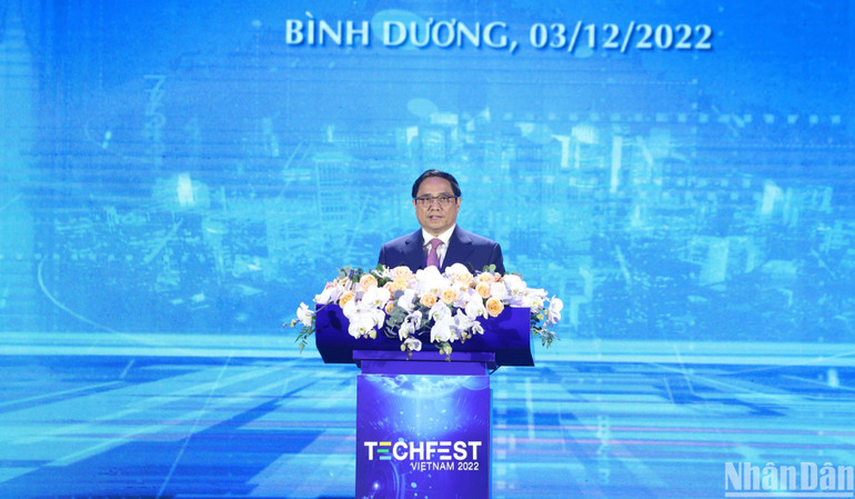 Thủ tướng Phạm Minh Chính phát biểu tại chương trình Dấu ấn Techfest Vietnam 2022.