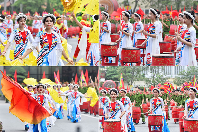 Nét duyên dáng của các nữ sinh Học viện Cảnh sát nhân dân trong màn biểu diễn trống hội tại lễ khai giảng.