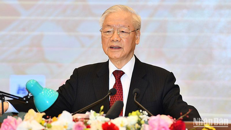 Tổng Bí thư Nguyễn Phú Trọng phát biểu tại lễ kỷ niệm. (Ảnh: ĐĂNG KHOA)