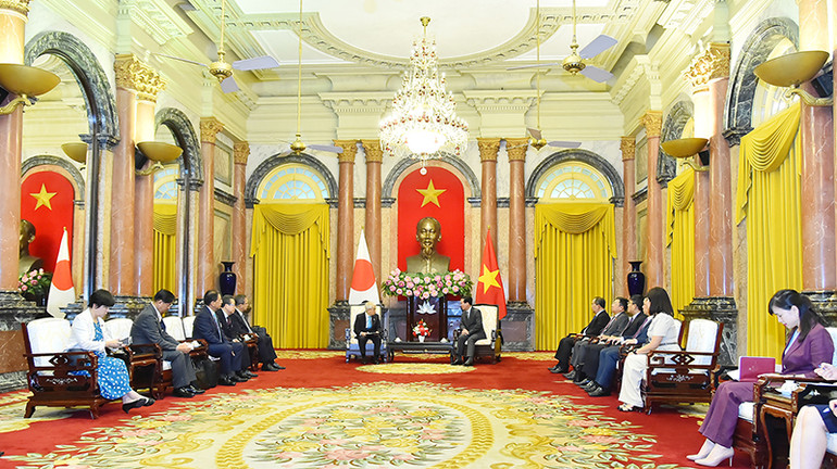 Quang cảnh buổi tiếp của Chủ tịch nước Võ Văn Thưởng với Chủ tịch Thượng viện Nhật Bản Otsuji Hidehisa tại Phủ Chủ tịch chiều 6/9.